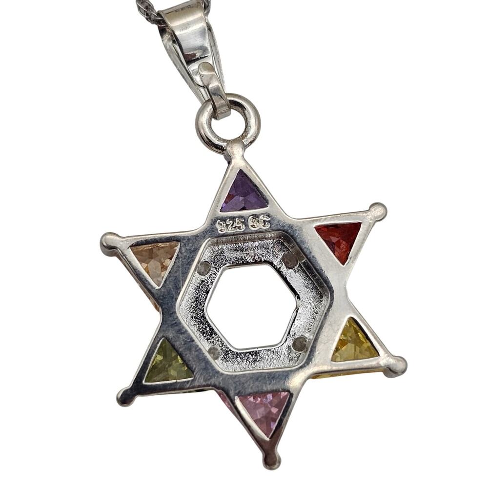 Sterling Silver Jewish Star Of David With Multicolor Stones Pendant Necklace - Picture 2 of 7